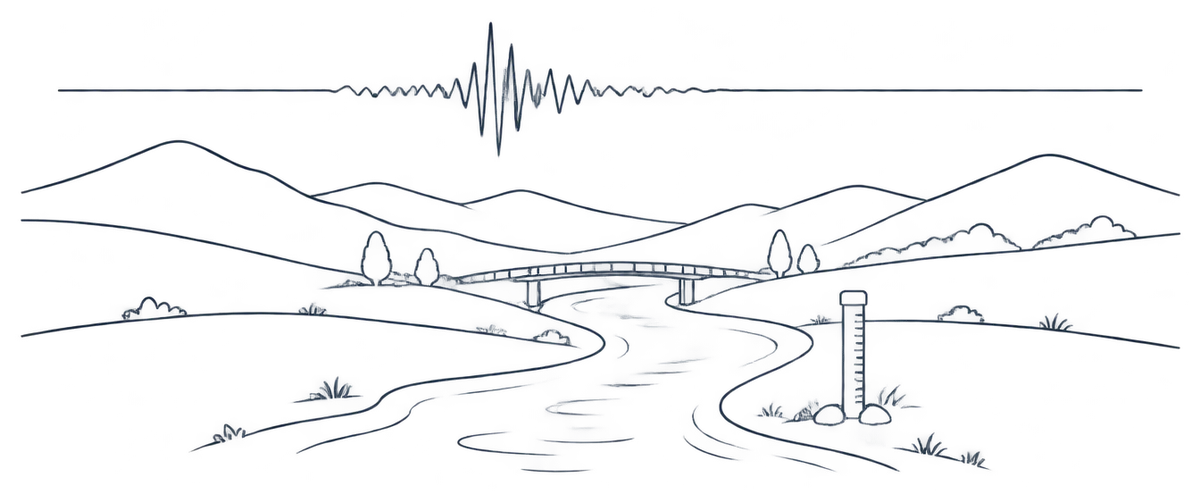 Line illustration of a seismograph trace above hills and a river with a stream gauge